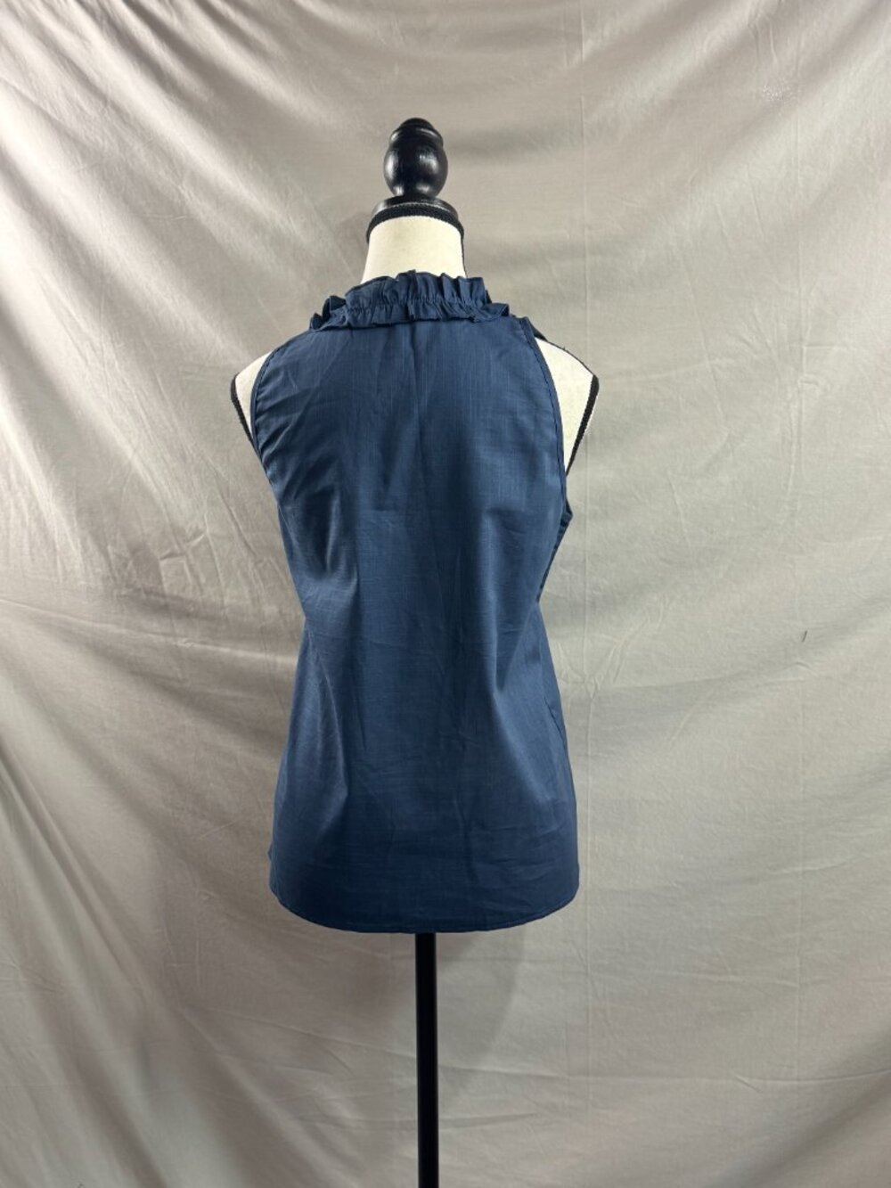 Navy Blue Ruffle V-Neck Sleeveless Cotton Blouse Button-Down Top - Picture 8 of 8